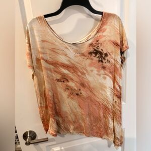 Jennifer Lopez Cream, Peach and Brown Abstract Asymmetrical Short Sleeve Top